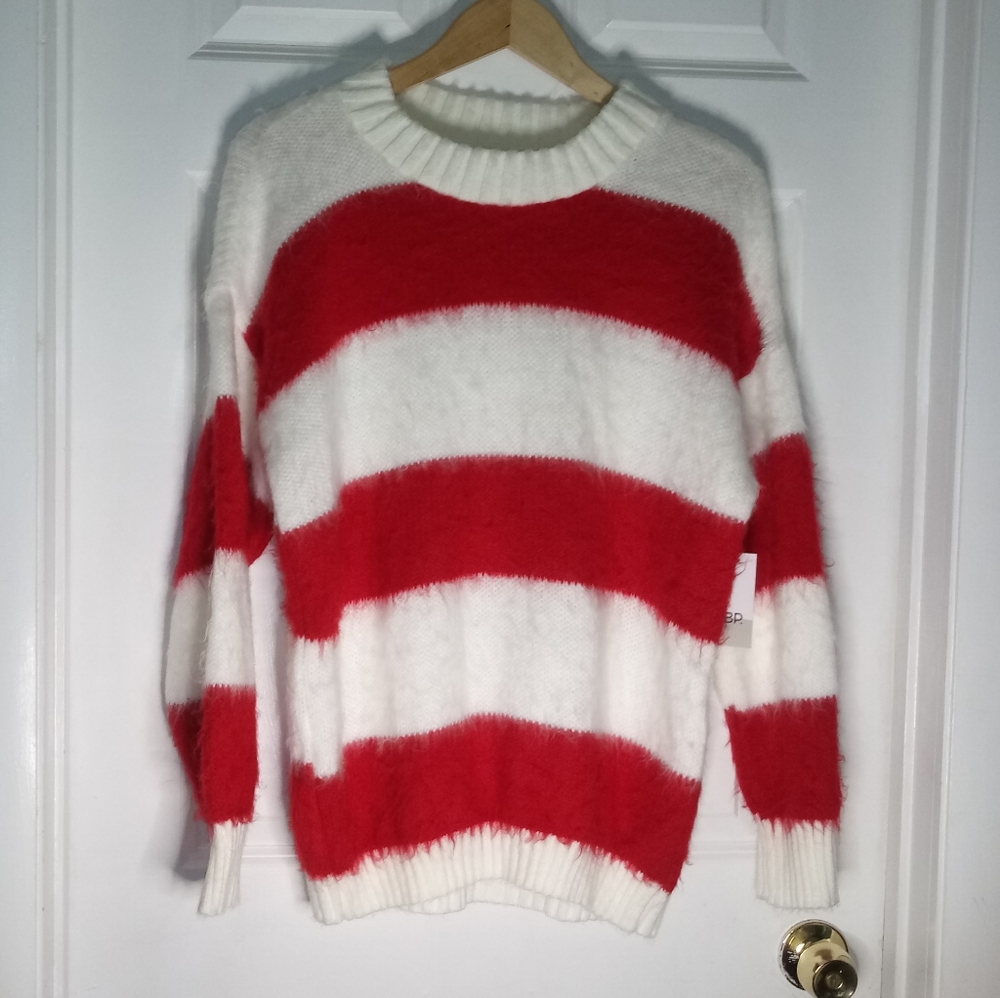 BP Oversize Brushed Pullover Red Ivory Striped XS - Picture 6 of 14